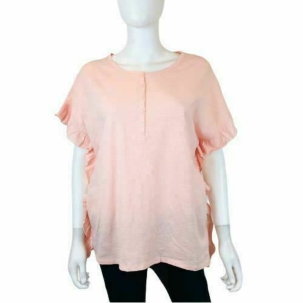 Kensie Womens Pink Short Sleeve Henley Ruffled Oversized Blouse Size Small S